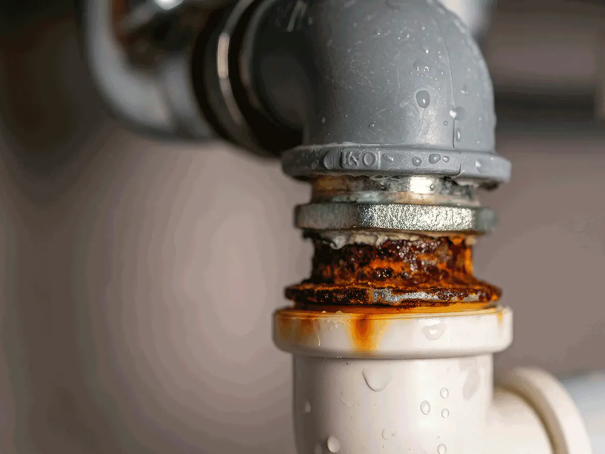 Hard water mineral buildup and rust on plumbing pipe