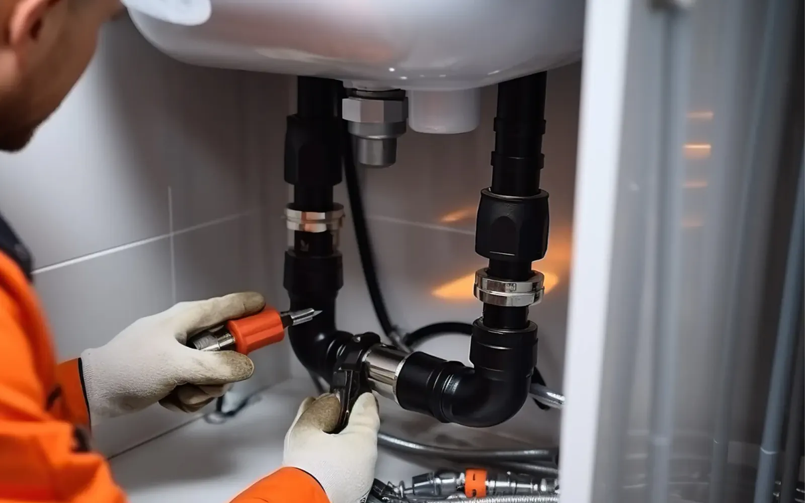 Plumber working on exposed sink drain plumbing during a Chandler home remodeling project