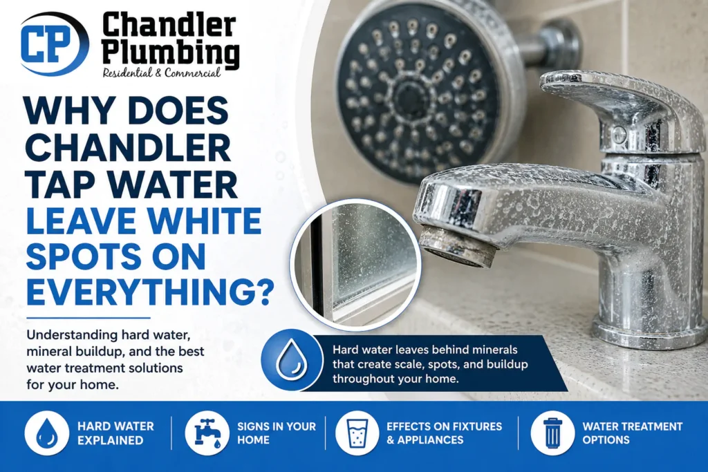 Hard water mineral buildup and white spots on a bathroom faucet and shower fixture in Chandler, Arizona, from Chandler Plumbing.