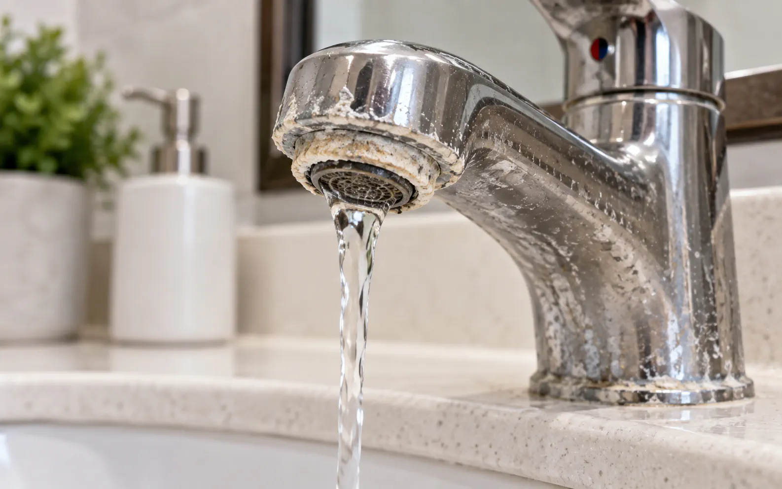 Hard water mineral buildup on a faucet contributing to fixture and drain problems
