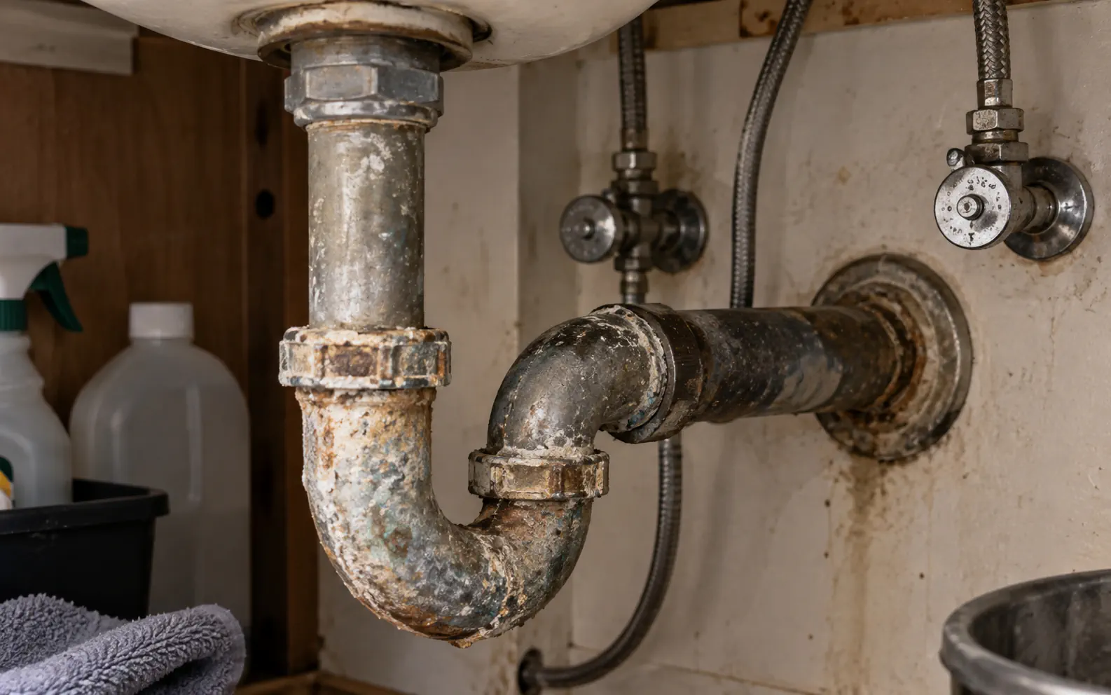 Older residential plumbing pipes with corrosion and buildup under a sink
