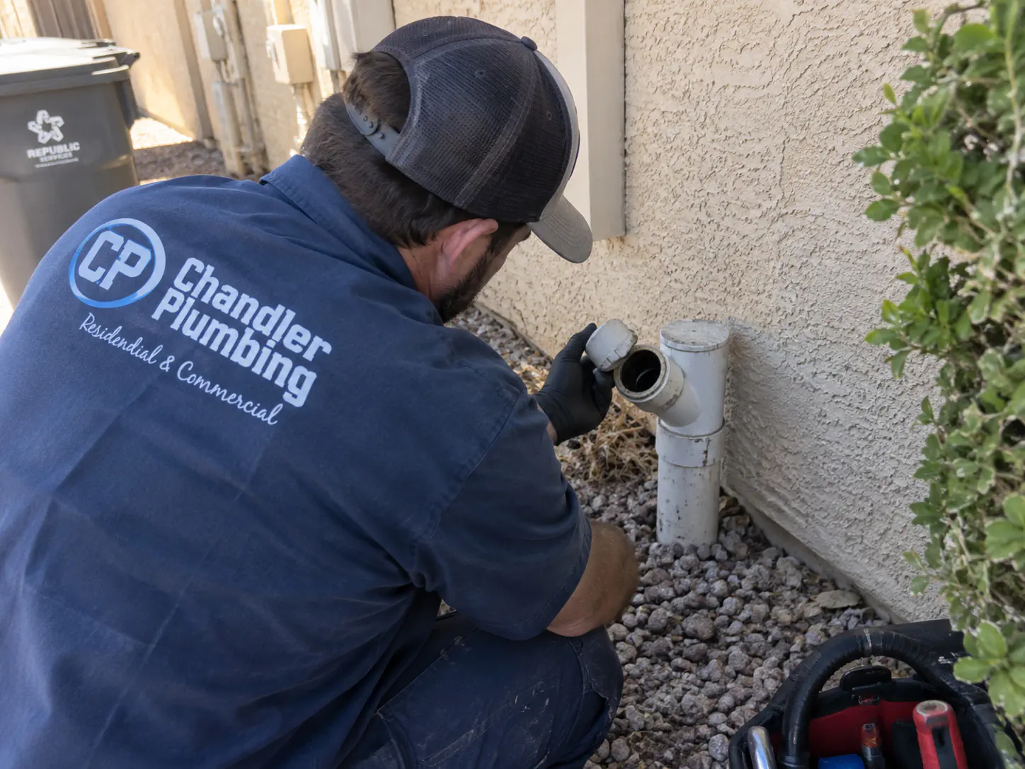 Chandler Plumbing sewer line service near an outdoor cleanout in Chandler Arizona