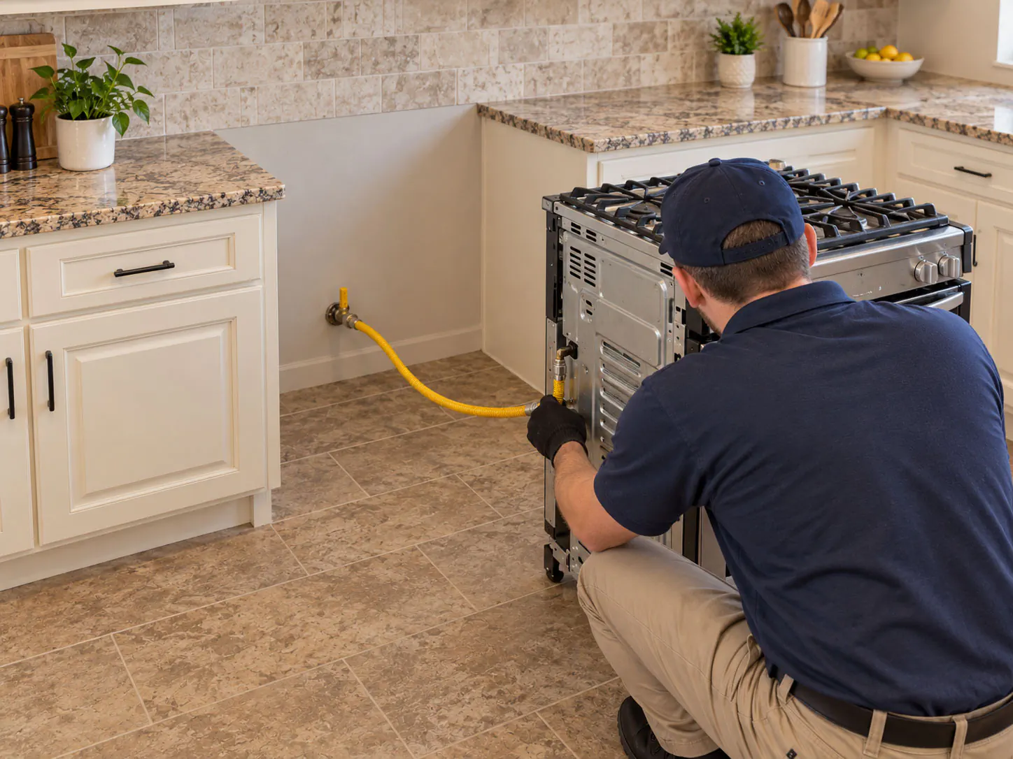 Technician inspecting the gas connection behind a stainless steel range pulled out from its kitchen appliance opening